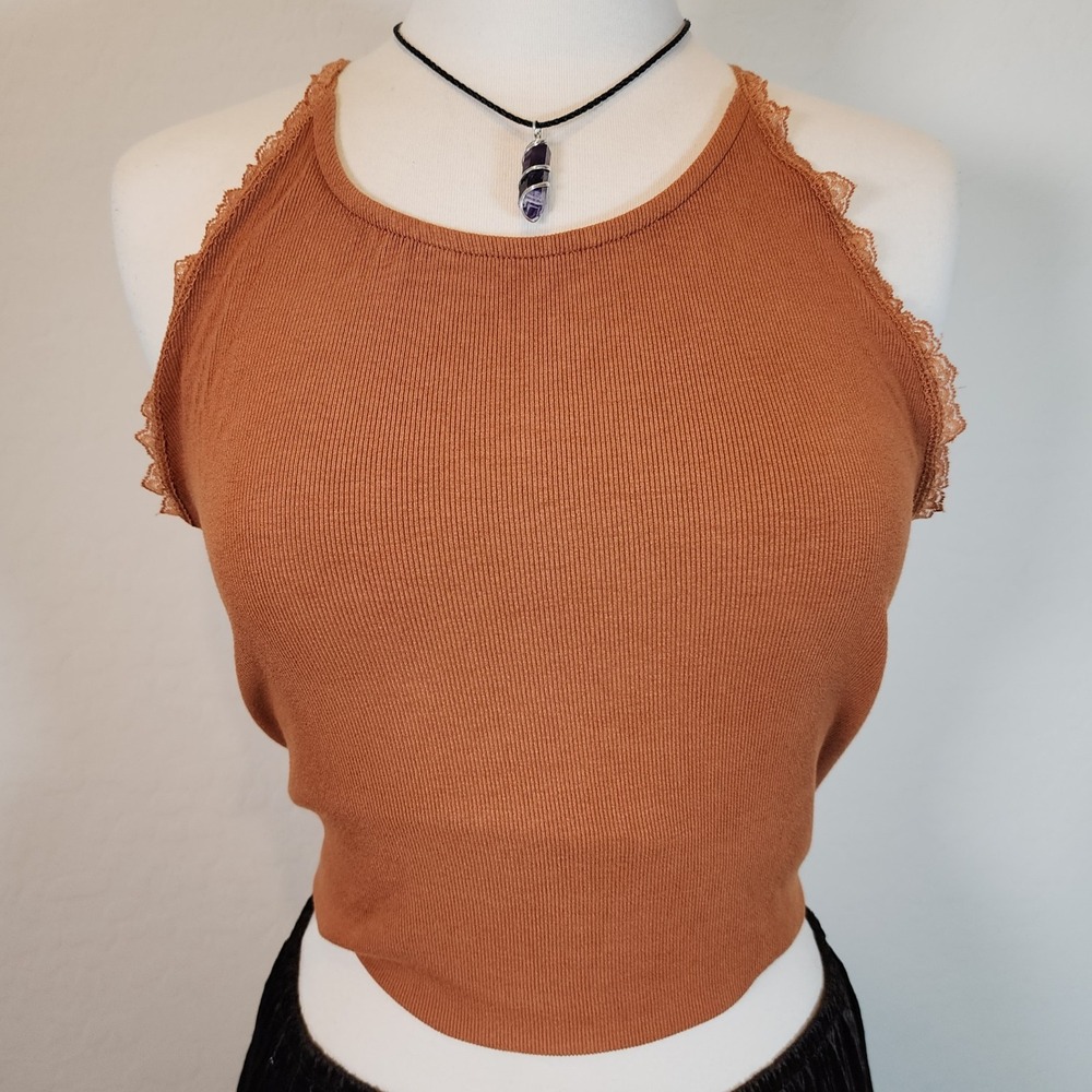 Miss Me Womens Tank Top Copper Lace Trim Sleeveless Ribbed Large